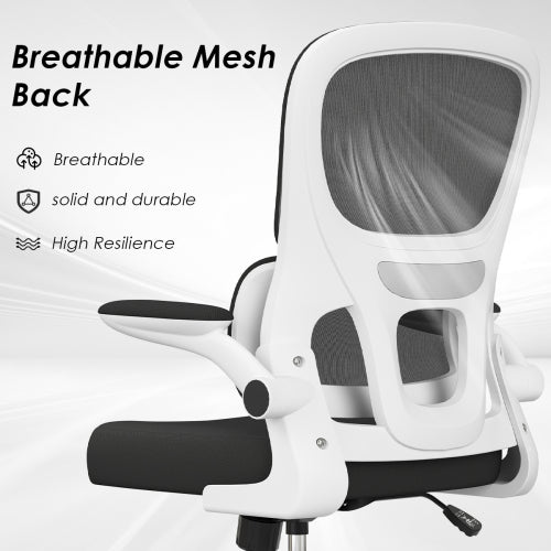 Office Chair, Mesh Ergonomic Office Chair with Lumbar Support, Comfy Computer Desk Chair with Flip Armrest Rolling Wheels for Home Study Room Office, White & Black