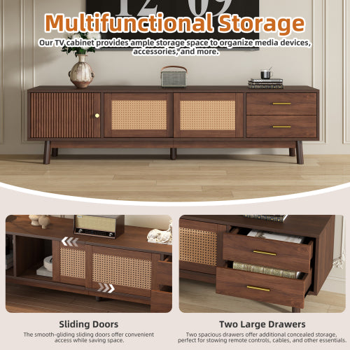 70.86 Inch Dark Brown PE Rattan Sliding Door TV Stand Solid Wood Leg Media Console For 80 Inch TV