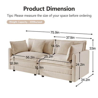 Light-Coffee Chenille Deep-Seat Loveseat Sofa with 4 Throw Pillows