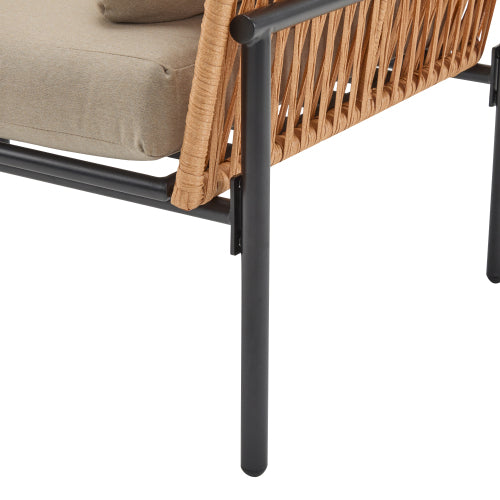 36" Beige and Light Wood-Tone Rope Iron Lounge Chair with Cushions, Perfect for Natural and Modern Spaces