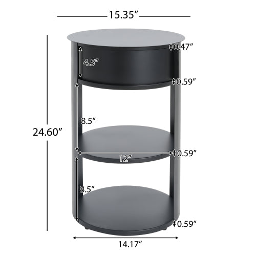 3-Tier Metal Round Side Table with Cabinet, Matte Black