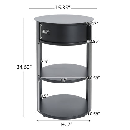 3-Tier Metal Round Side Table with Cabinet, Matte Black