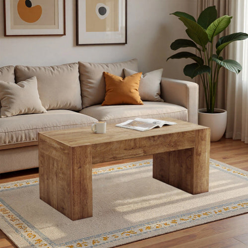 48 Inch Farmhouse Wooden Coffee Table with Hidden Drawer, Natural Wood