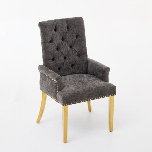 Tufted Chenille Dining Armchair with Nailhead Trim and Steel Legs, Gray