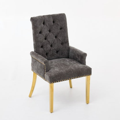 Tufted Chenille Dining Armchair with Nailhead Trim and Steel Legs, Gray
