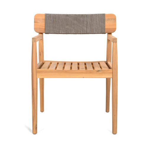 CREATIVE BRAIDED ACACIA WOOD OUTDOOR DINING CHAIRS WITH ARMRESTS, SUITABLE FOR OUTDOOR DINING AND LEISURE PLACES, TEAK LOOK & GREY ROPE,SET OF 2