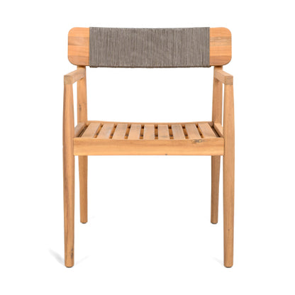 CREATIVE BRAIDED ACACIA WOOD OUTDOOR DINING CHAIRS WITH ARMRESTS, SUITABLE FOR OUTDOOR DINING AND LEISURE PLACES, TEAK LOOK & GREY ROPE,SET OF 2