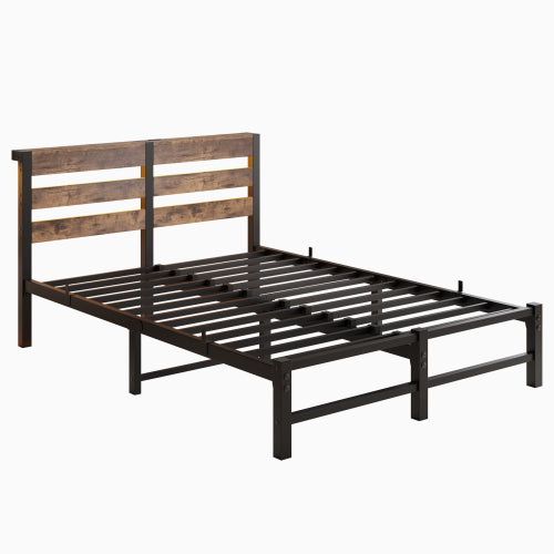 Full Size  Metal Bed Frame with Wooden Headboard, RGB Lights,  Charger, Storage Shelf, Noise-Free, No Box Spring Needed,Rustic Brown