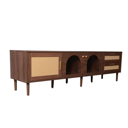 70.8 inch Dark Brown App Control LED Rattan TV Stand Glass Storage For 80 Inch TV