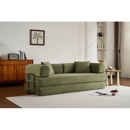 Green Corduroy Convertible Sleeper Sofa Bed with Cylindrical Pillow