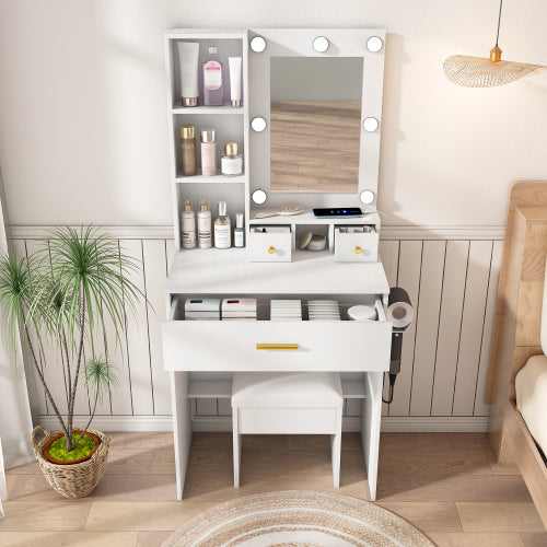 Vanity Table with Mirror & Adjustable LED Lights, Power Outlet, Hairdryer Holder & Stool ¨C Compact Dressing Desk for Small Bedrooms(White)