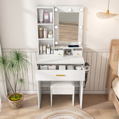 Vanity Table with Mirror & Adjustable LED Lights, Power Outlet, Hairdryer Holder & Stool ¨C Compact Dressing Desk for Small Bedrooms(White)