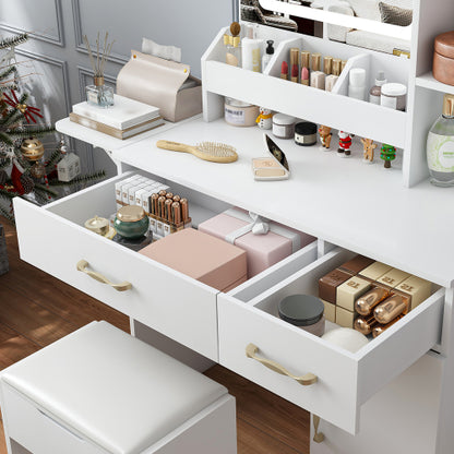 Vanity Desk with LED Mirror Lights and Power Outlet Charging Station, Makeup Dressing Table with 3 Drawers, 7 Shelves and Storage Stool, for Girls and Women (White)