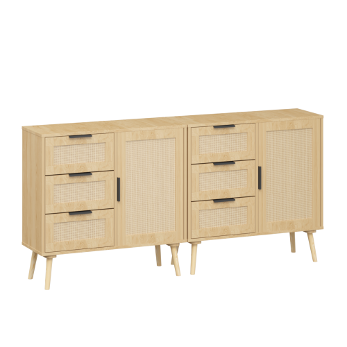 Modern Rattan Wood Dresser 3 Drawer Storage Cabinet with Adjustable Shelf Anti Tip