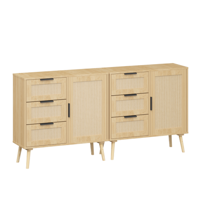 Modern Rattan Wood Dresser 3 Drawer Storage Cabinet with Adjustable Shelf Anti Tip
