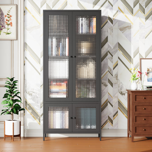 Black Waffle Tempered Glass Door Metal Display Cabinet Multi-layer Home Storage Rack
