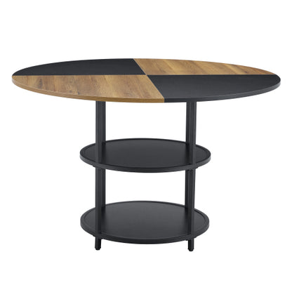 5-Piece Double Storage Round Dining Set, MDF Table & 4 Black Linen-Cotton Chairs