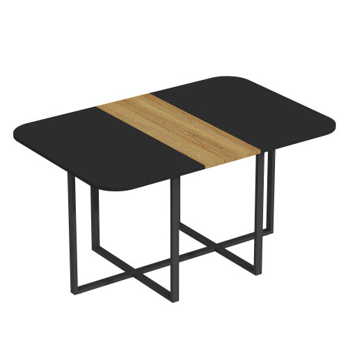 Two-Tone Waterproof MDF Kitchen Table, Multi-Functional Dining Work Table with Wood Strip & Metal Base