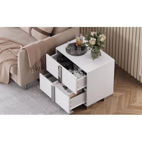 Modern End Table with Drawers, Elegant Nightstand with Metal Foot,Wood Bedside Table with Mirrored Metal Handles,Sofa Side End Table for Bedroom Living Room Office,White
