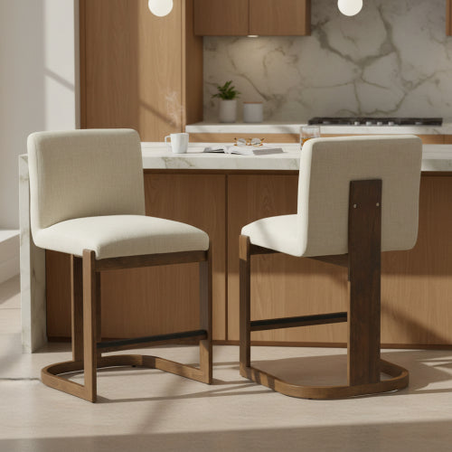 Modern Bar Stools Set of 2, 24inch Solid Wood Counter Height Barstools, Linen Upholstered Kitchen Island Chair With Walnut-Finished Wood Legs for Home Bar Coffee Shop,Beige