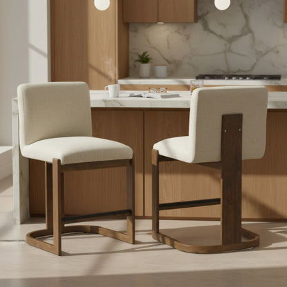 Modern Bar Stools Set of 2, 24inch Solid Wood Counter Height Barstools, Linen Upholstered Kitchen Island Chair With Walnut-Finished Wood Legs for Home Bar Coffee Shop,Beige