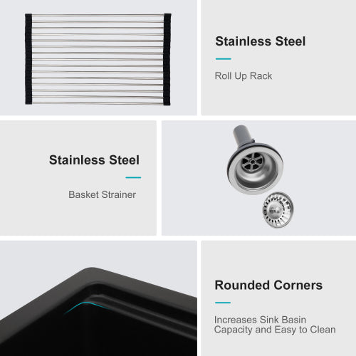 Quartz Kitchen Sink - 33"x22"x9.65" Black granite composite Workstation Drop-in kitchen sink