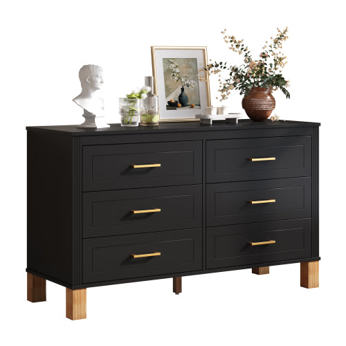 6 Drawer Double Dresser Modern Black Storage Cabinet with Metal Handles Solid Wood Legs