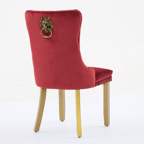 Mid-Century Modern Velvet Dining Chairs Set of 2 with Lion Head Pull Ring, Tufted Upholstered Chair, Wine Red