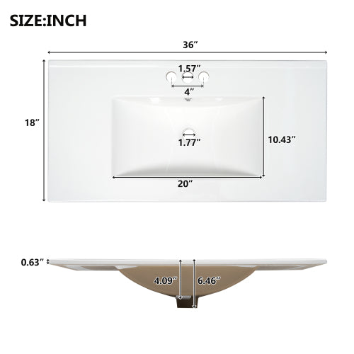 36 inch Shaker Style Free-Standing Bathroom Vanity Cabinet with Ceramic Sink, 4 Soft-close Drawers and 2 Soft-close doors