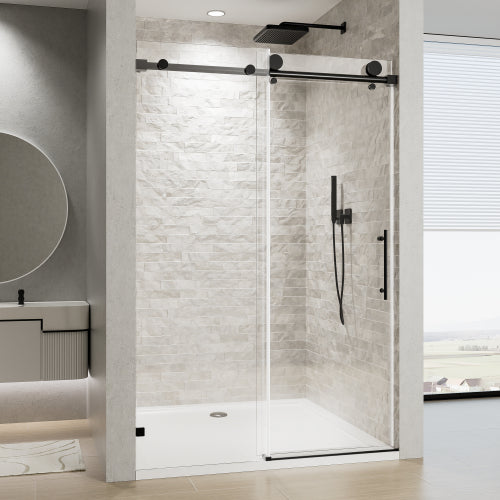 56"-60" W x 76" H Frameless Single Sliding Soft-Close Matte Black Shower Door with 5/16" (8mm) Clear Nano-Coated Tempered Glass and Stainless Steel Handle