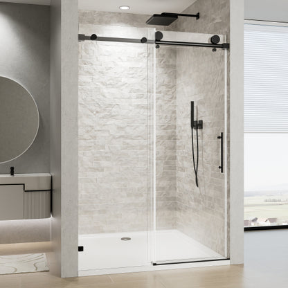 56"-60" W x 76" H Frameless Single Sliding Soft-Close Matte Black Shower Door with 5/16" (8mm) Clear Nano-Coated Tempered Glass and Stainless Steel Handle