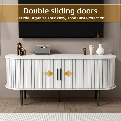 47 Inch White Mid-Century Media Console Fluted Sliding Door MDF TV Stand with Metal Support Legs