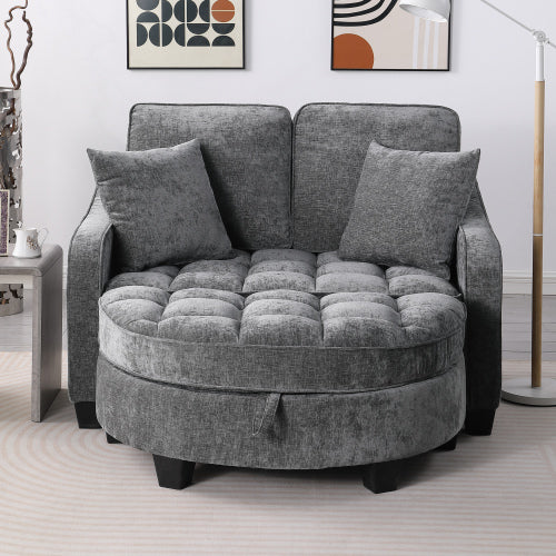 Gray 2-Seater Sofa with Irregular Arms, Storage Footrest & 2 Throw Pillows