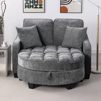 Gray 2-Seater Sofa with Irregular Arms, Storage Footrest & 2 Throw Pillows