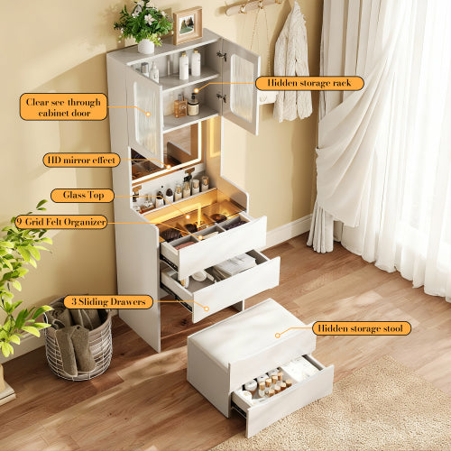 3-in-1 Vanity Table with LED Mirror & Storage Stool, Flip Top Makeup Desk, 5 Storage Spaces, Adjustable Lights, White