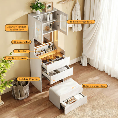 3-in-1 Vanity Table with LED Mirror & Storage Stool, Flip Top Makeup Desk, 5 Storage Spaces, Adjustable Lights, White