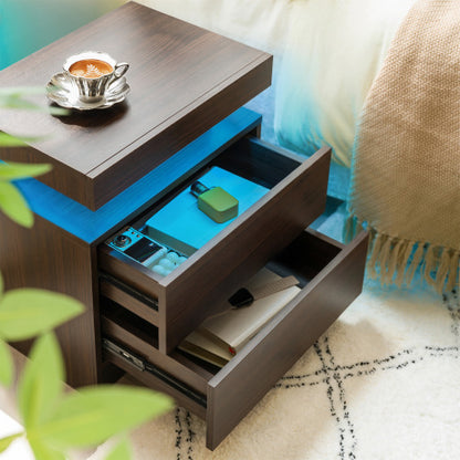 Walnut LED Nightstand with Adjustable Lights & Drawers