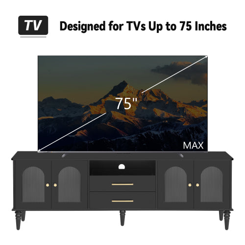 68.9 Inch Retro Fluted Glass TV Stand for 75 Inch TV with 5 Solid Pine Legs