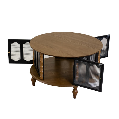 31.5inch  Round Wooden Coffee Table with Glass Doors, Walnut & Black