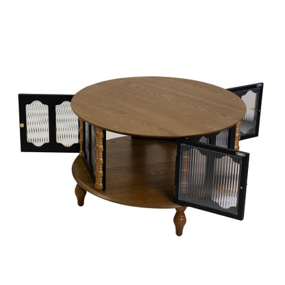 31.5inch  Round Wooden Coffee Table with Glass Doors, Walnut & Black