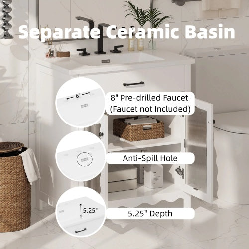 31" Bathroom Vanity with Tempered Glass, Modern Bathroom Cabinet with Rubber Wood legs and Soft close Doors, White