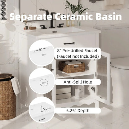 31" Bathroom Vanity with Tempered Glass, Modern Bathroom Cabinet with Rubber Wood legs and Soft close Doors, White