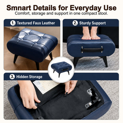 Rectangular Tufted Faux Leather Storage Ottoman with Handle & Metal Legs, Multiuse Footrest for Living Room Entryway