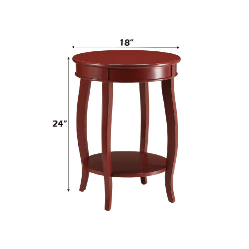 Aberta Red Finish Round Accent Table with Bottom Open Storage Shelf, Wooden Cabriole Legs
