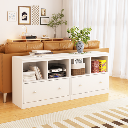 White Kids Storage Cabinet 2 Open Shelves With Full-Width Drawer Anti-Tip Design For Playroom Nursery