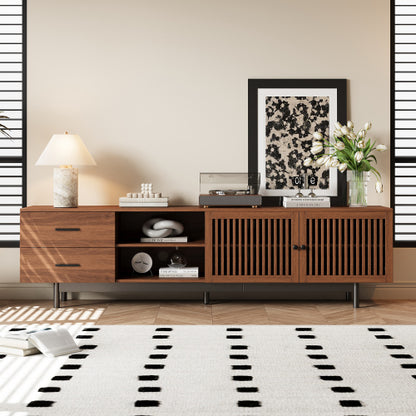 78.7 inch Walnut Slatted Door TV Stand Deep Drawers Solid Rubber Wood Legs Holds 85 inch TV