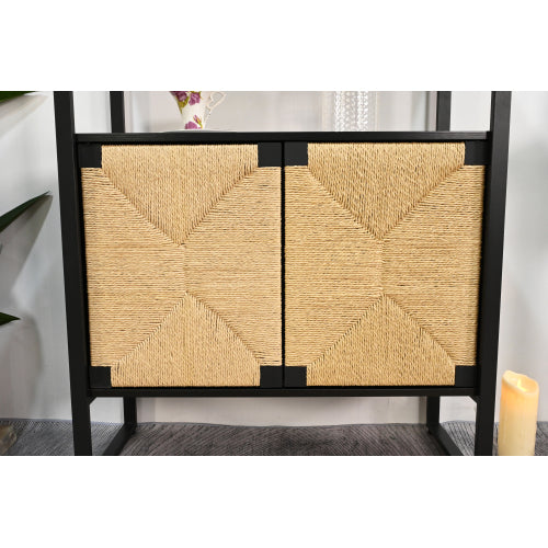 Rattan Storage Bookshelf with Cabinet for Living Room Bedroom