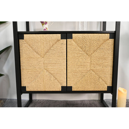 Rattan Storage Bookshelf with Cabinet for Living Room Bedroom