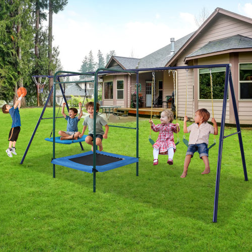 4 in 1 Swing Set With Belt Swing, Hammock Swing, Trampolone,Basket Rim for Backyard
