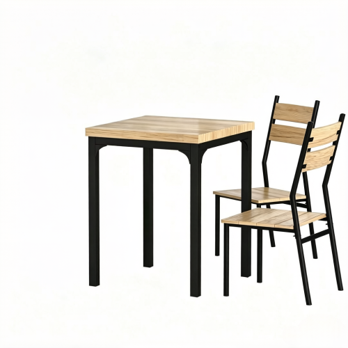 3-Piece Rustic Industrial Dining Set, Light Wood Grain MDF Table & 2 Slatted High Back Chairs
